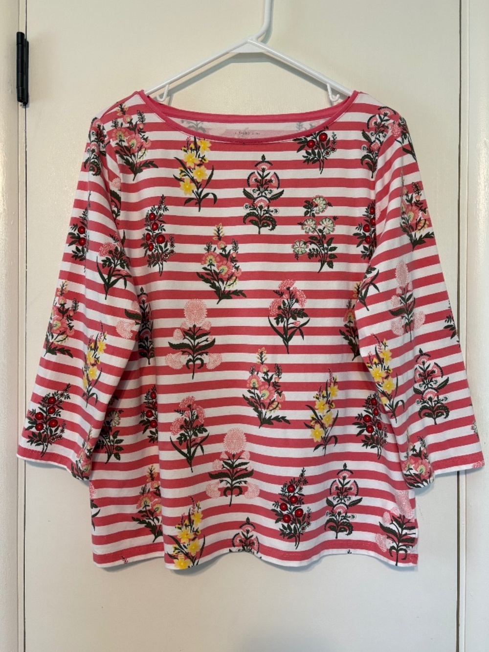 Talbots Women's Pink White Striped Floral Boat-Neck "Talbots Tee" Shirt Top XL